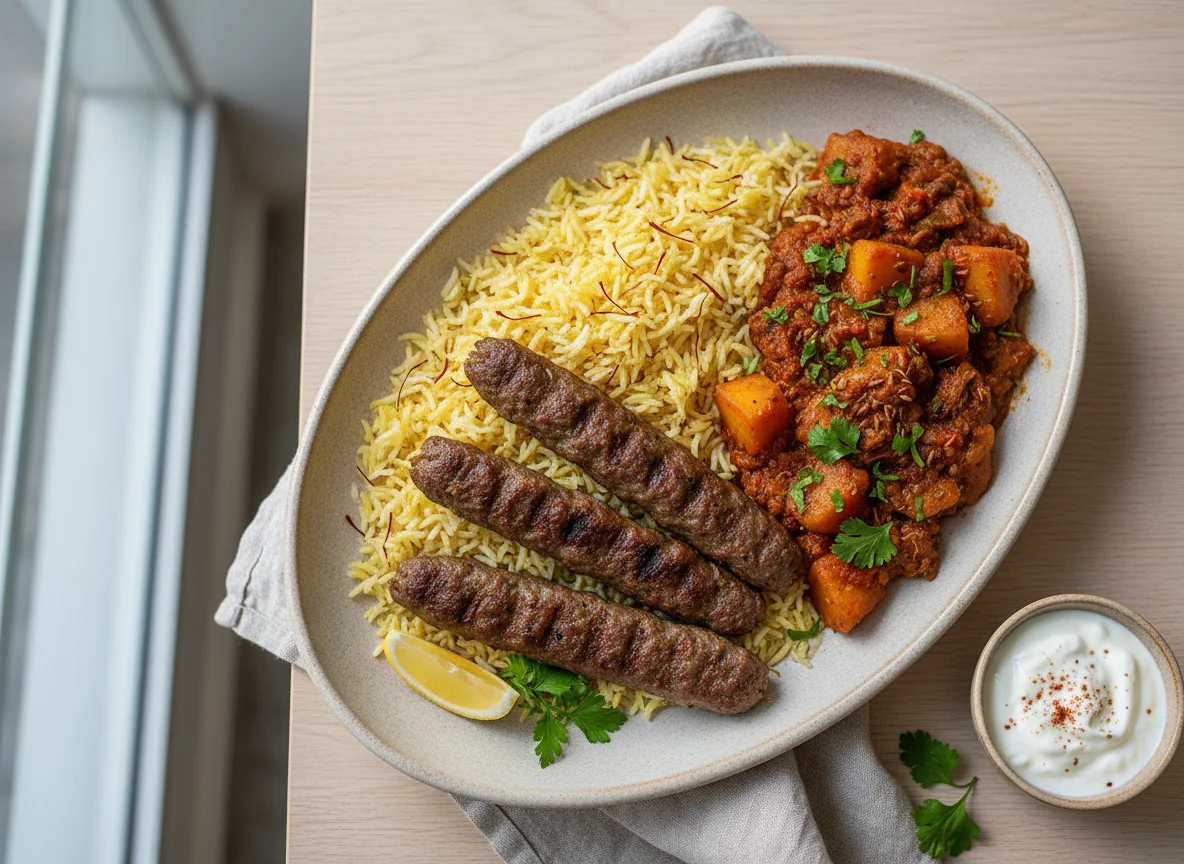 Kebab with Saffron Rice and Vegetable Stew photo