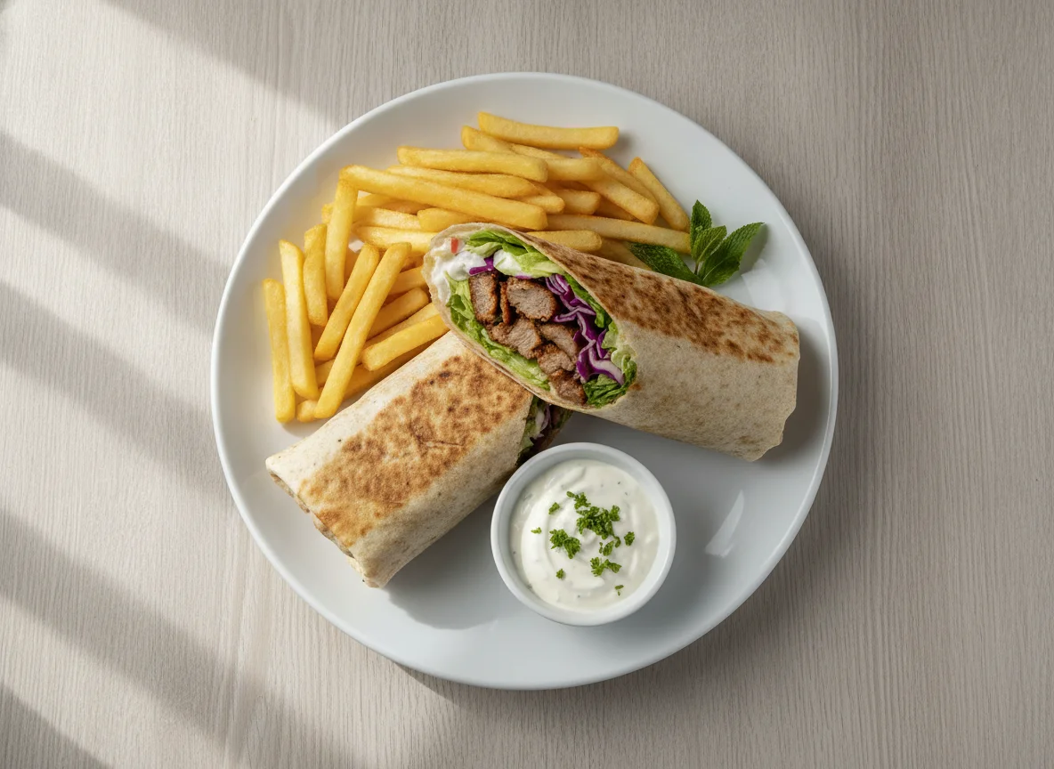 Kebab wrap with french fries and sauce photo
