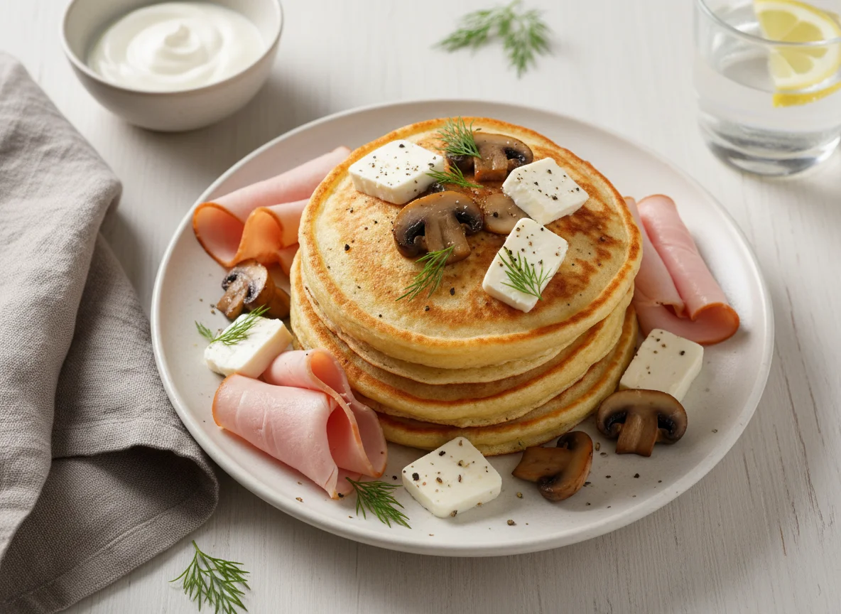 Kefir and Rice Flour Pancakes with Turkey Ham, Mushrooms, and Cheese photo