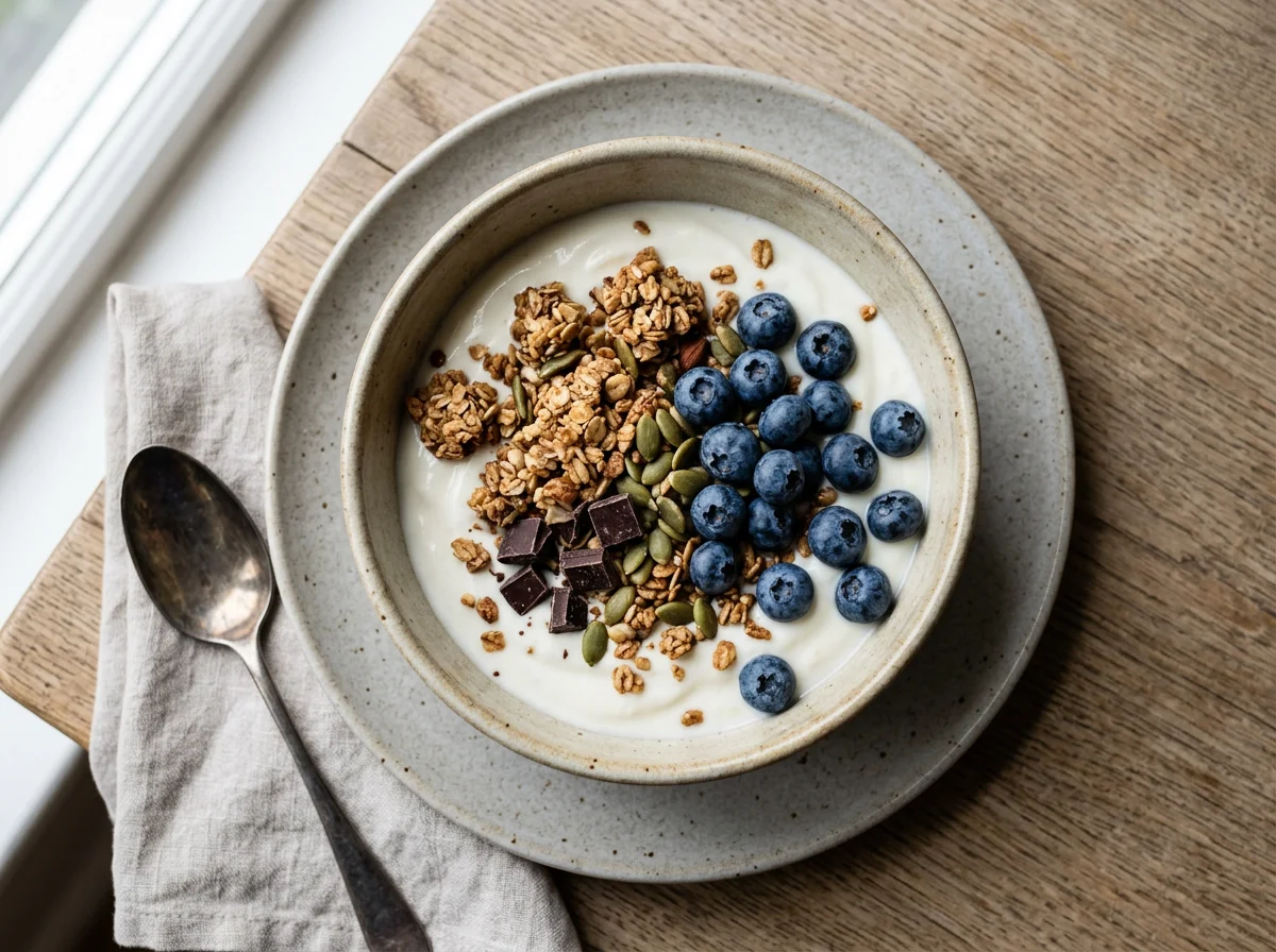 Kefir Yoghurt with Protein Granola and Blueberries photo