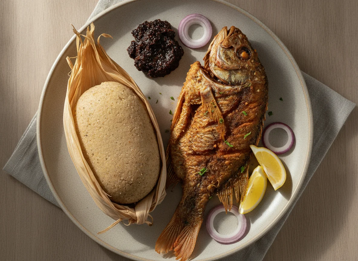 Kenkey with Fried Fish and Shito photo