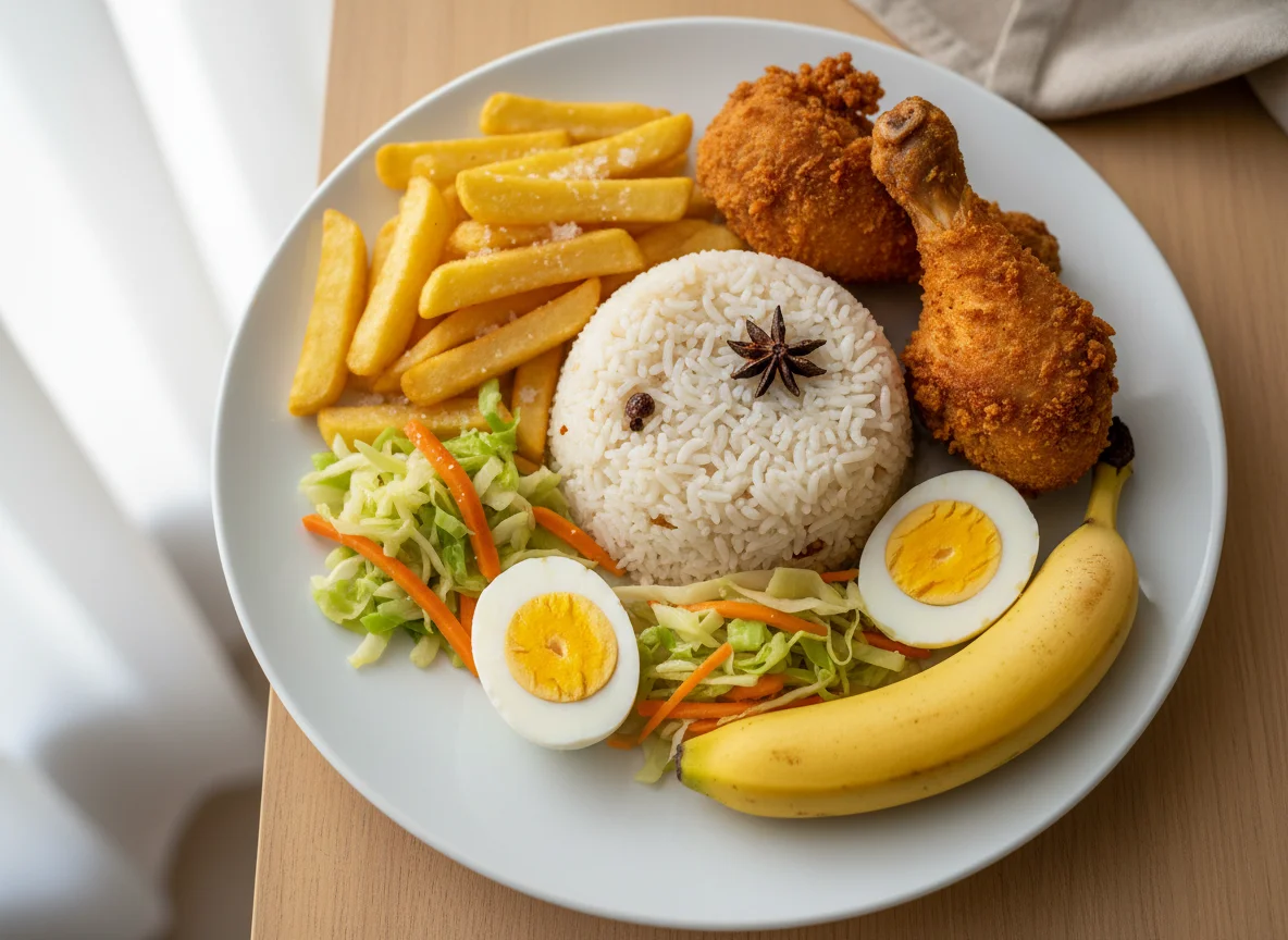 Kenyan Rice with Fried Chicken, Chips, Boiled Eggs, and Banana photo