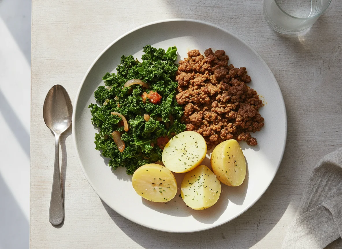 Kenyan style meal with greens, minced meat, and potatoes photo