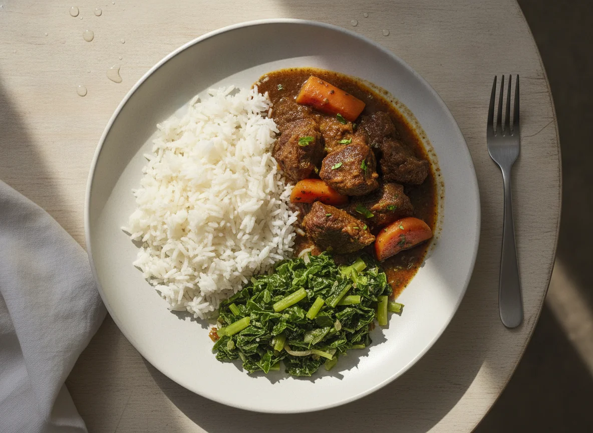 Kenyan Style Meal with Sukuma Wiki, Rice, and Beef Stew photo