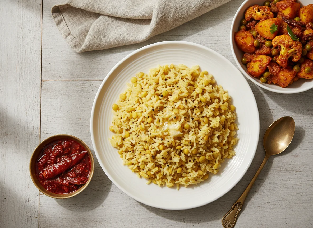 Khichdi with Aloo Matar Gobhi and Pickle photo