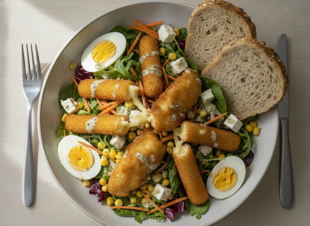 Kibbeling and Mozzarella Stick Salad with Boiled Eggs and Bread photo