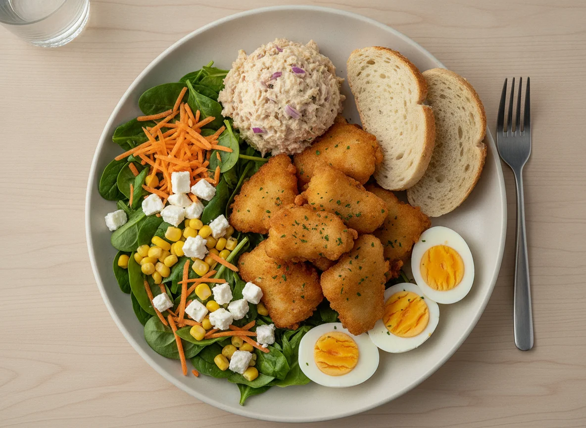 Kibbeling with salad, egg, and tuna photo