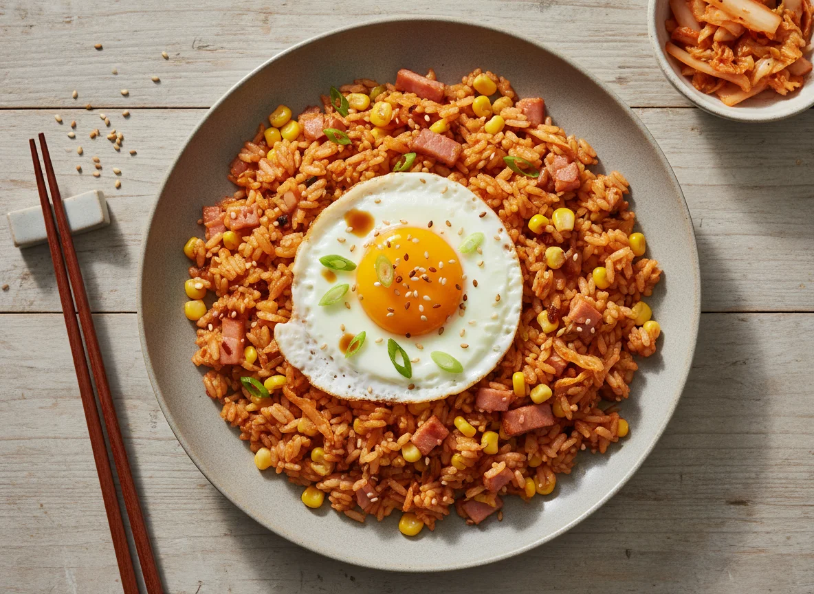 Kimchi Fried Rice with Corn and Ham photo
