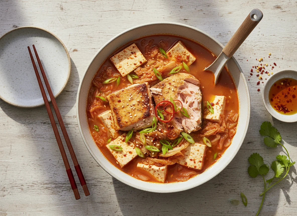Kimchi Tofu Stew with Salmon photo