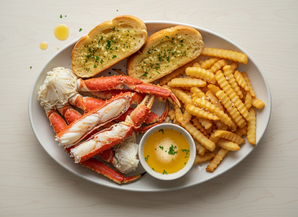 King Crab Legs with Fries and Garlic Bread photo
