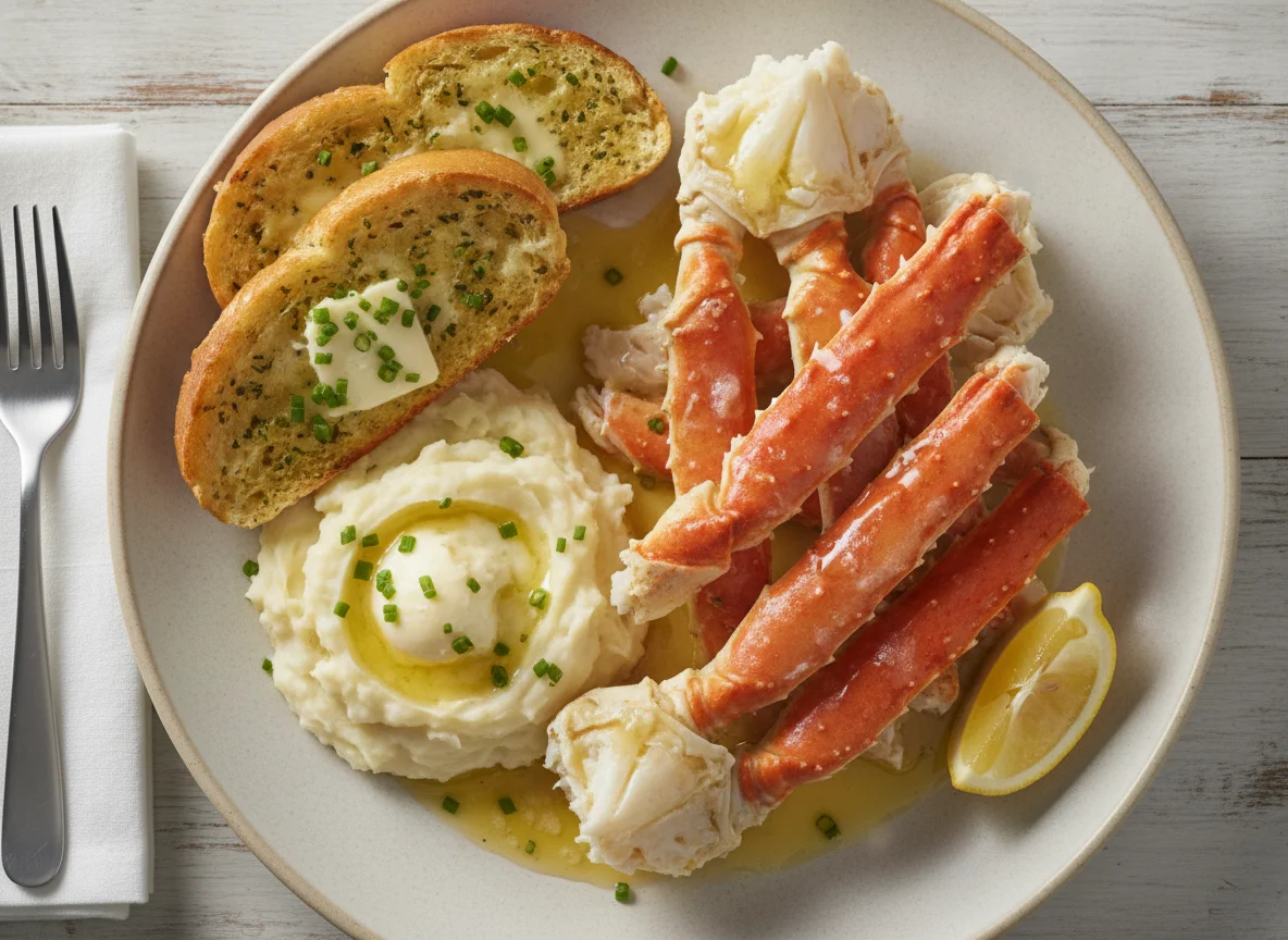 King Crab Legs with Mashed Potatoes and Garlic Bread photo
