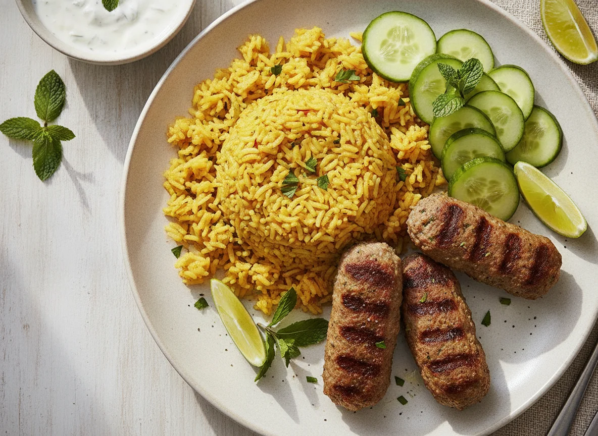 Kofta with Yellow Rice and Cucumber photo