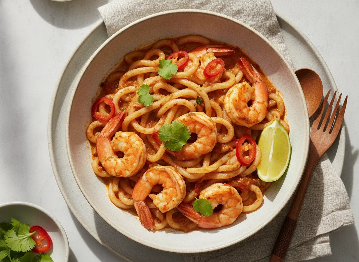 Konjac udon noodles with shrimp photo
