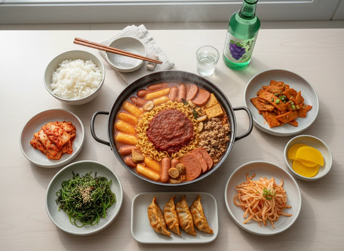 Korean Army Stew (Budae Jjigae) with Side Dishes and Soju photo