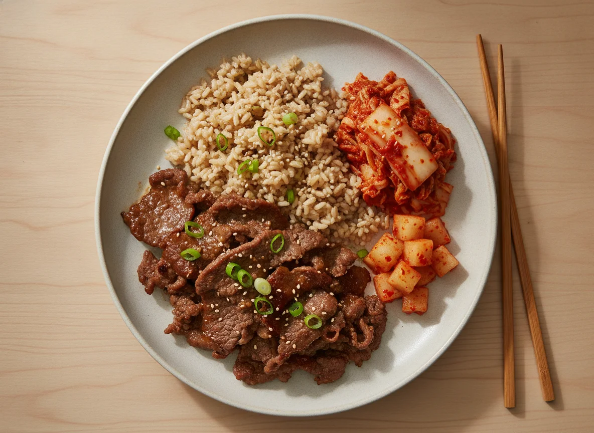Korean BBQ Beef with Brown Rice and Kimchi photo
