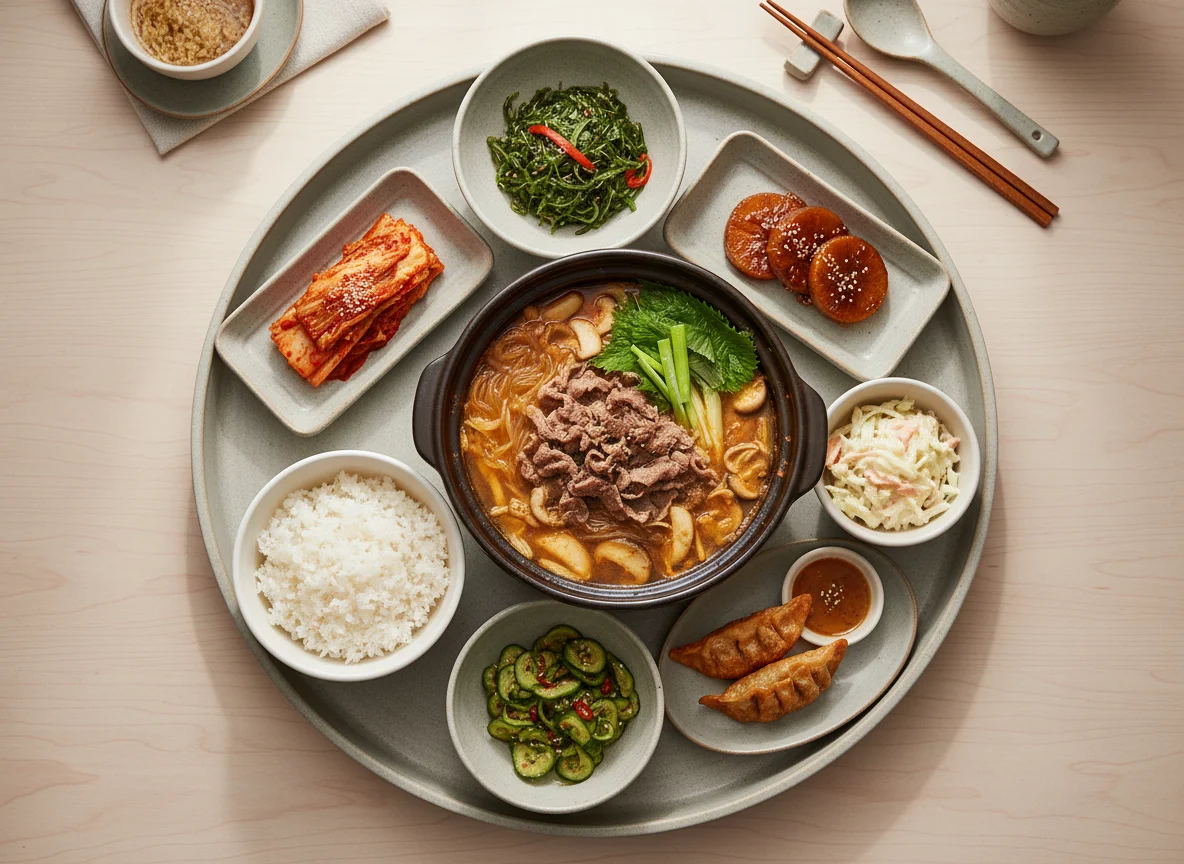 Korean Beef Bulgogi Hot Pot with Banchan and Rice photo