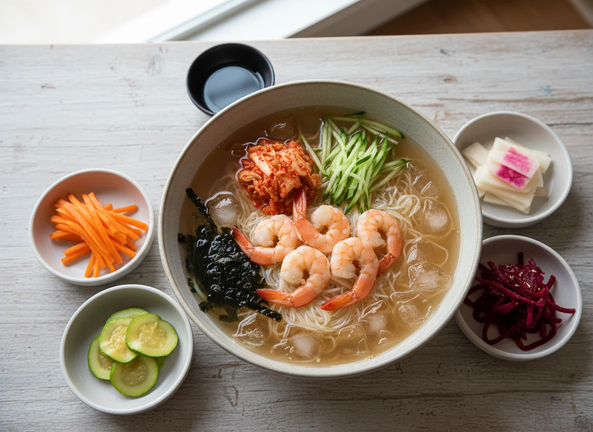 Korean Cold Noodle Soup with Shrimp and Side Dishes photo