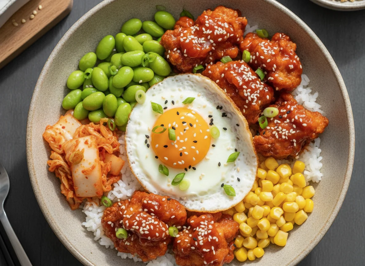 Korean Fried Chicken Bowl with Fried Egg and Edamame photo