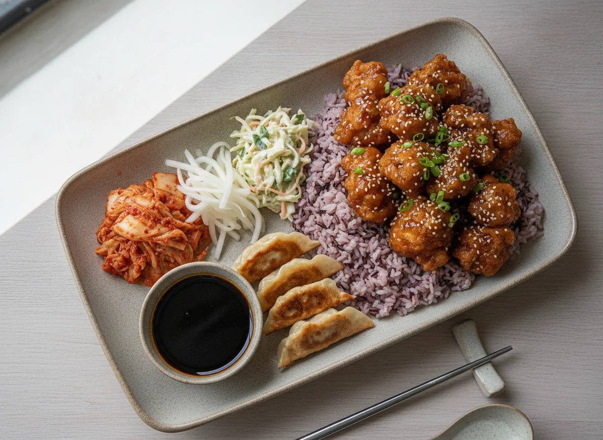 Korean Fried Chicken Bowl with Gyoza and Kimchi photo