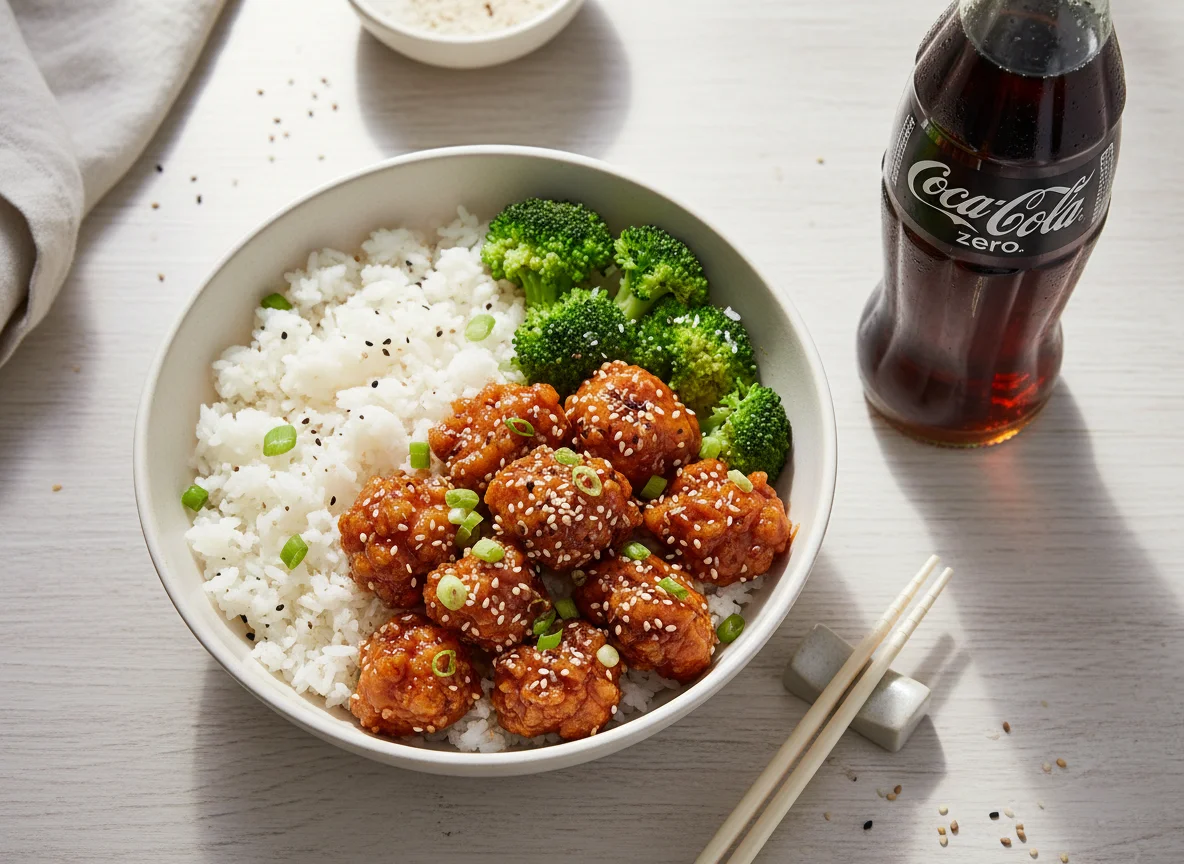 Korean Fried Chicken Rice Bowl with Broccoli and Coca-Cola Zero photo