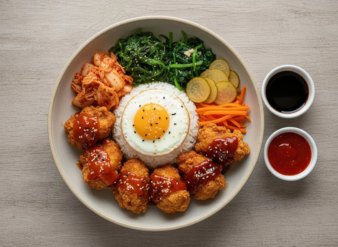 Korean Fried Chicken Rice Bowl with Sides photo