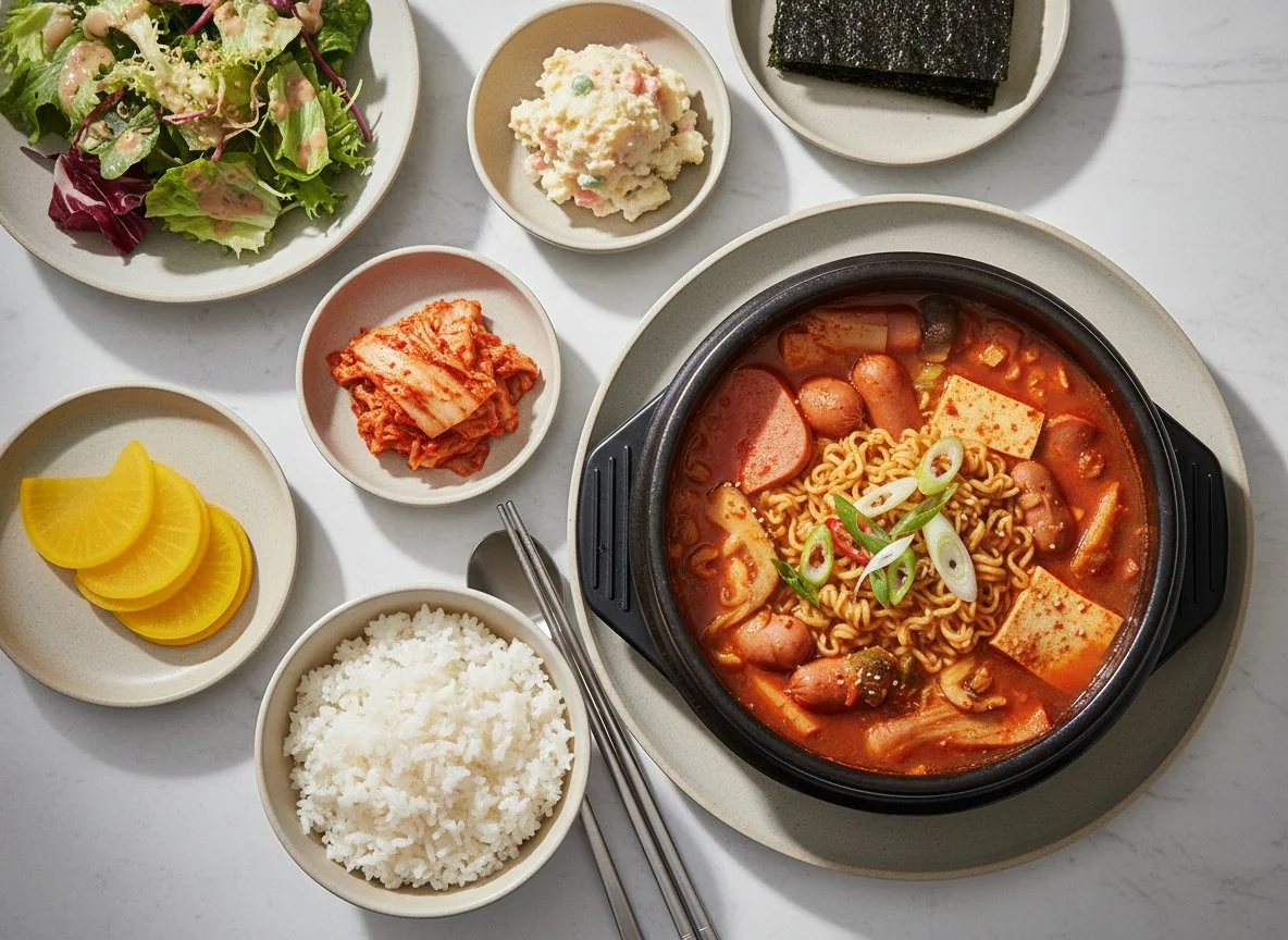 Korean Spicy Stew with Rice and Side Dishes photo