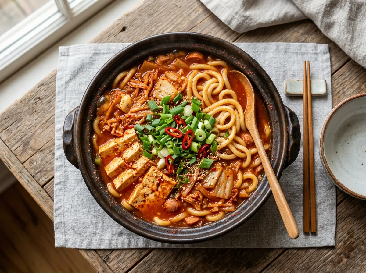 Korean Spicy Tofu and Noodle Stew (Budae Jjigae style) photo