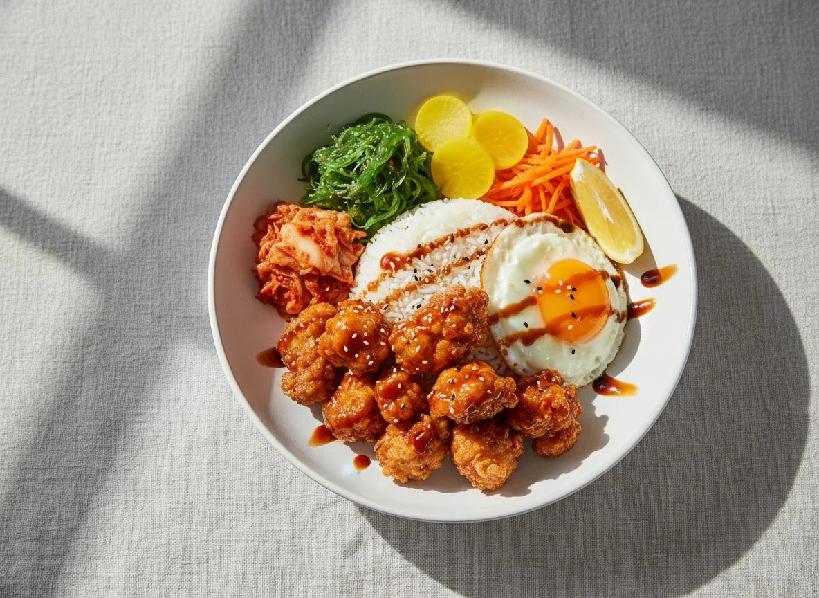 Korean Style Fried Chicken Rice Bowl with Sides photo