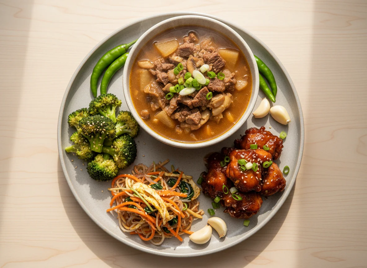 Korean style meal with rice stew, broccoli, and side dishes photo