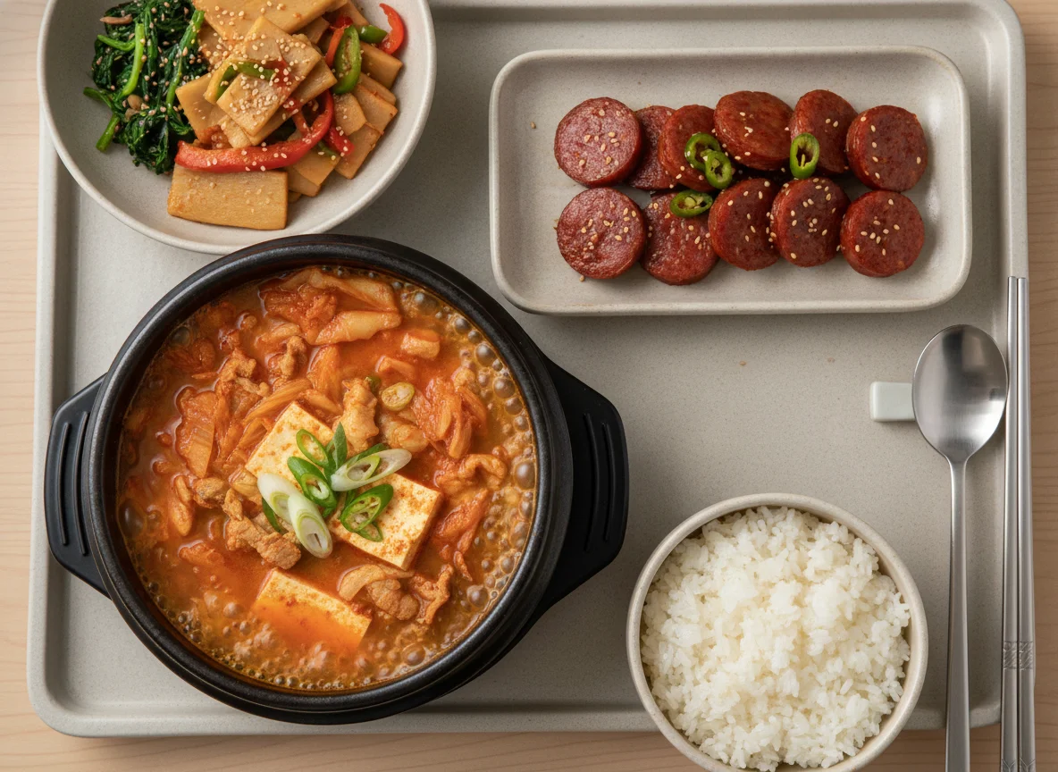 Korean Style Meal with Soup, Sausage, and Side Dish photo