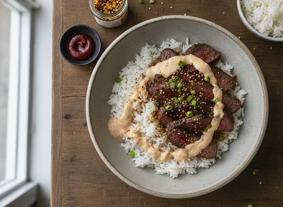 Korean-Style Beef with Rice and Spicy Cream Sauce photo