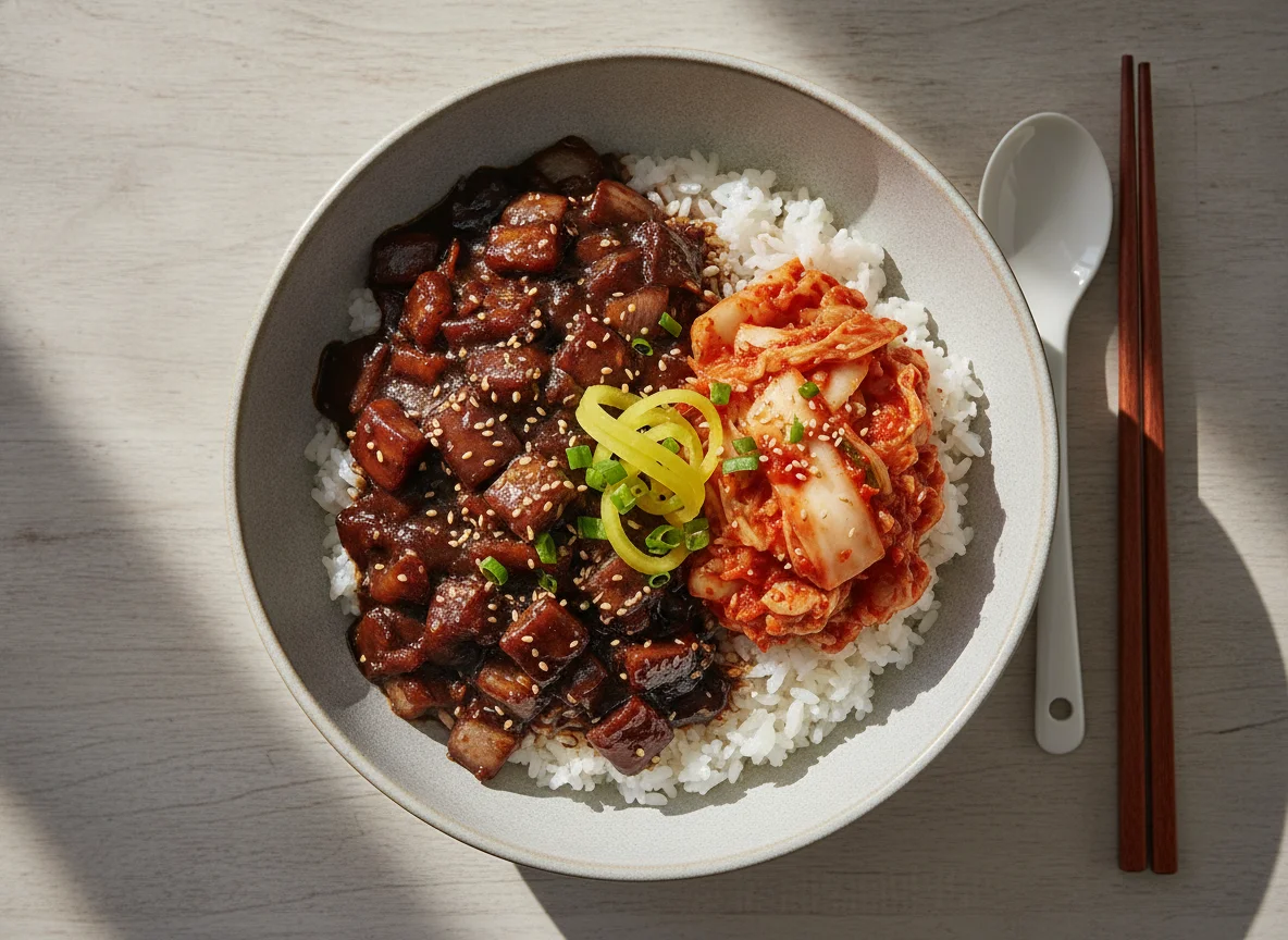 Korean-style rice bowl with Jajangmyeon sauce and Kimchi photo