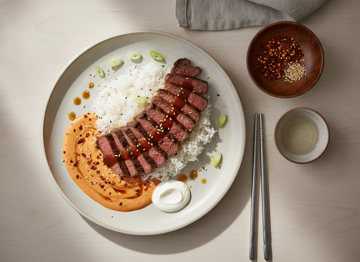 Korean-style Skirt Steak with Spicy Cream Sauce and Rice photo