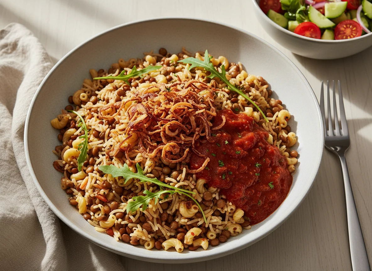 Koshary with Tomato Sauce and Salad photo