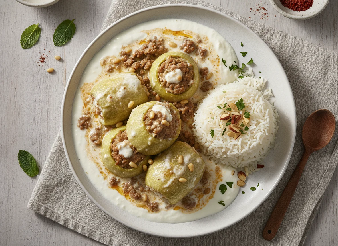 Kousa bil Laban (Zucchini with Yogurt Sauce) and Rice photo