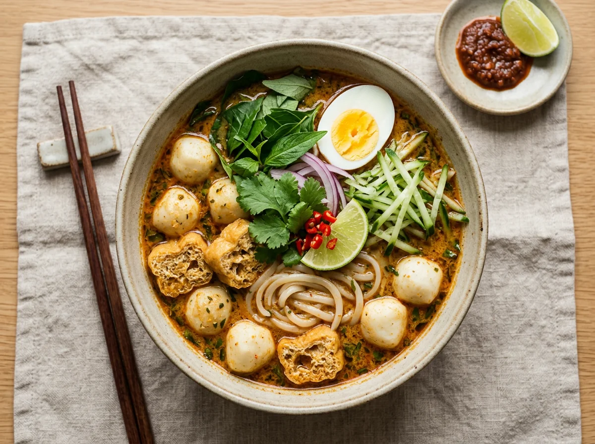 Laksa Noodles with Fish Ball and Fried Tofu Puff photo
