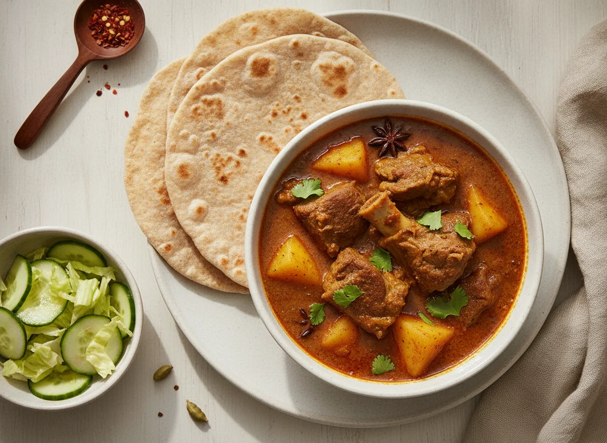 Lamb and Potato Curry with Chapati and Salad photo
