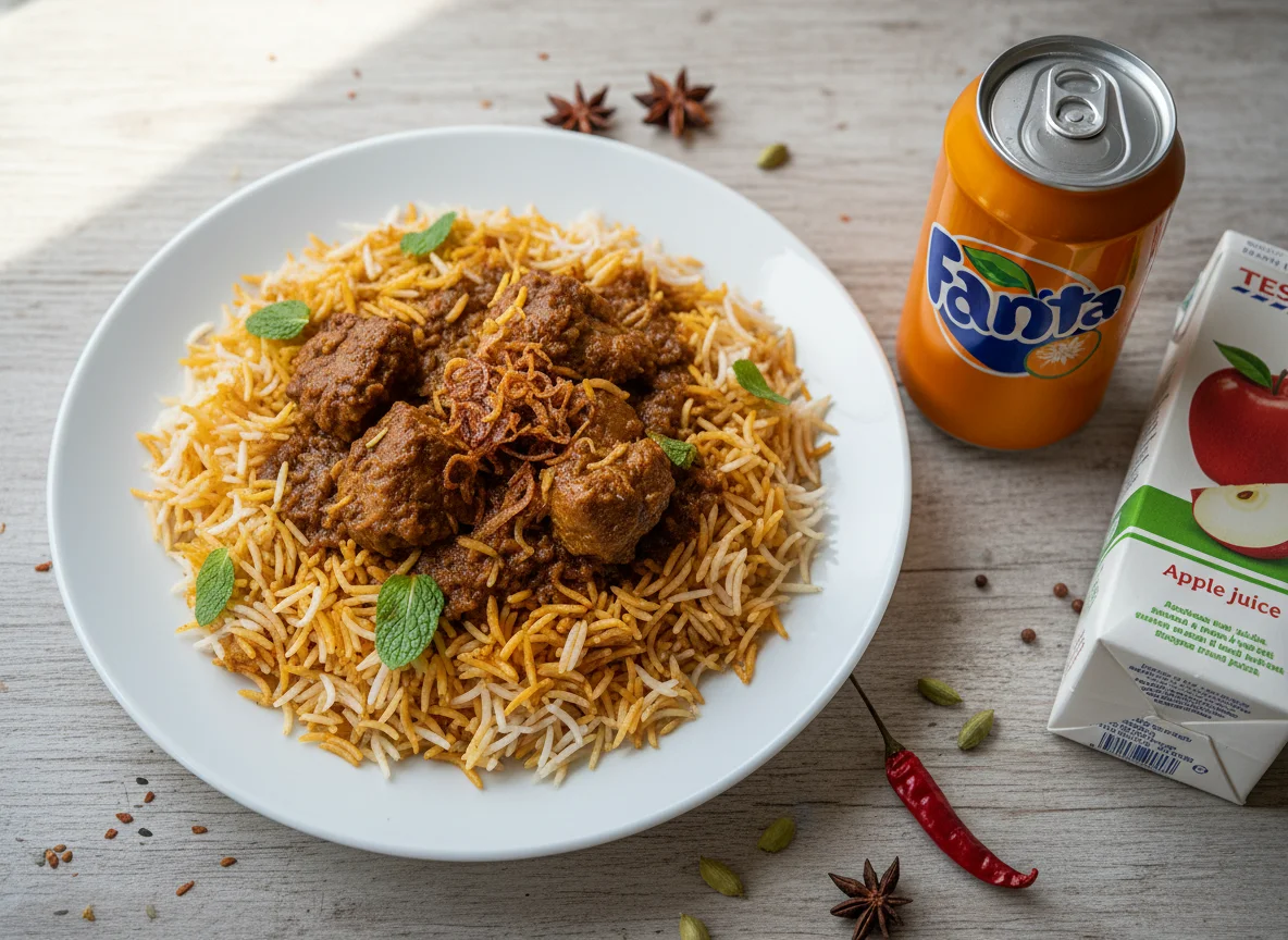 Lamb Biryani with Fanta and Apple Juice photo
