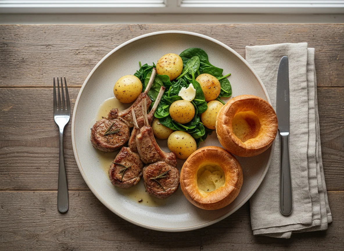 Lamb Chops with Boiled Potatoes, Spinach, and Yorkshire Pudding photo