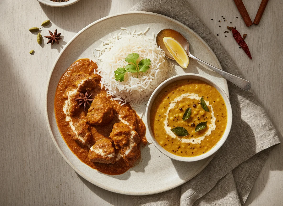 Lamb Curry with Basmati Rice and Lentil Dal photo