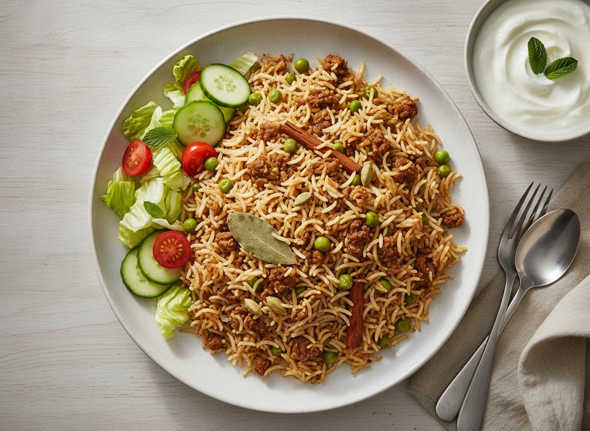 Lamb Keema Biryani with Side Salad and Yogurt photo
