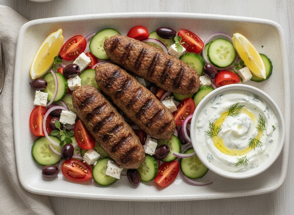 Lamb Kofta Skewers with Greek Salad and Tzatziki photo