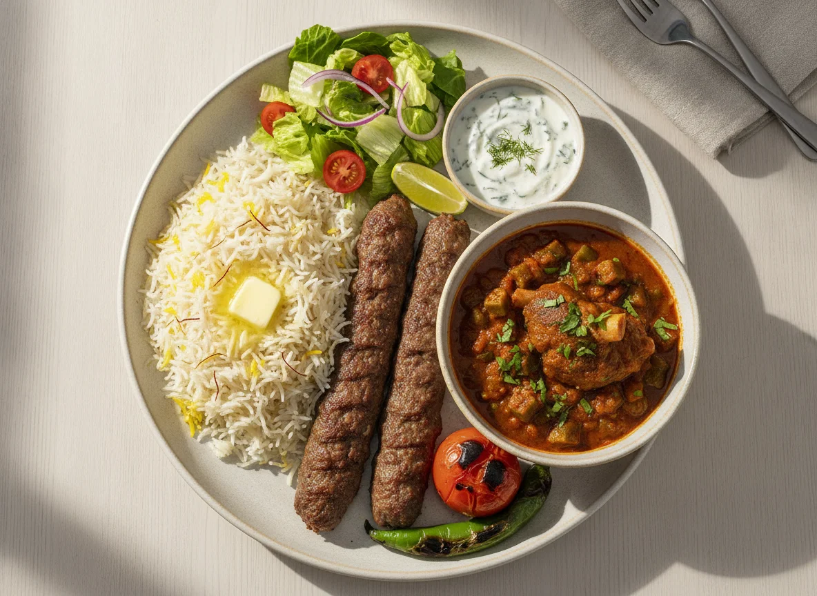 Lamb Koobideh with Saffron Rice and Okra Stew photo