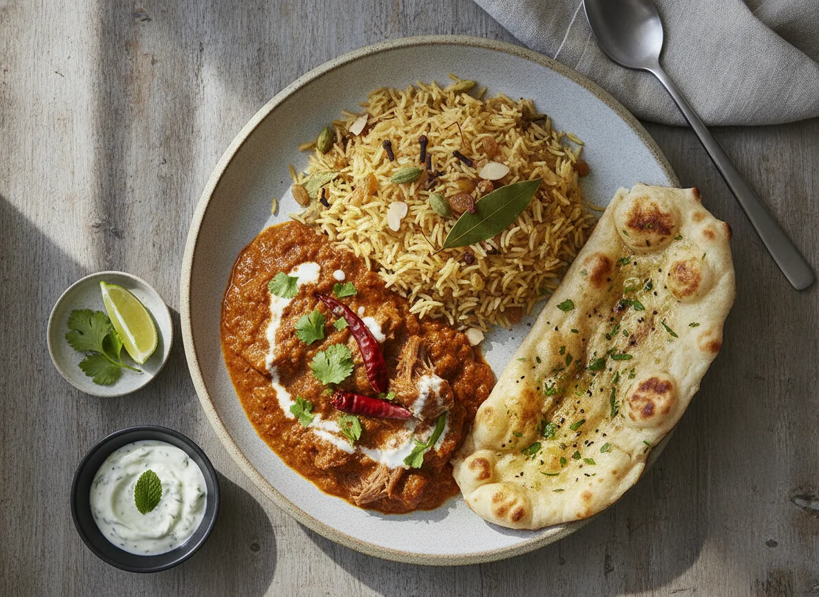 Lamb Madras with Pilau Rice and Naan photo