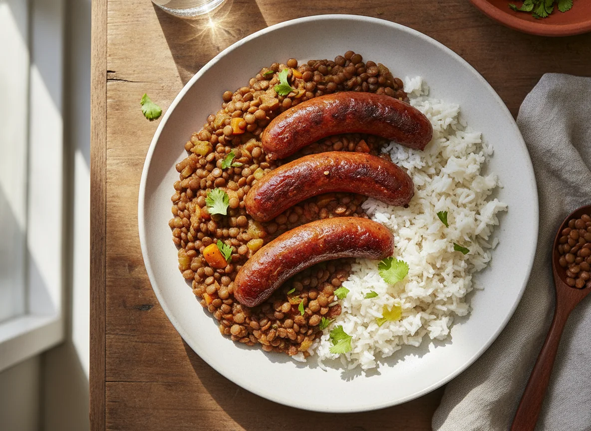 Lamb Merguez Sausage with Lentils and Rice photo