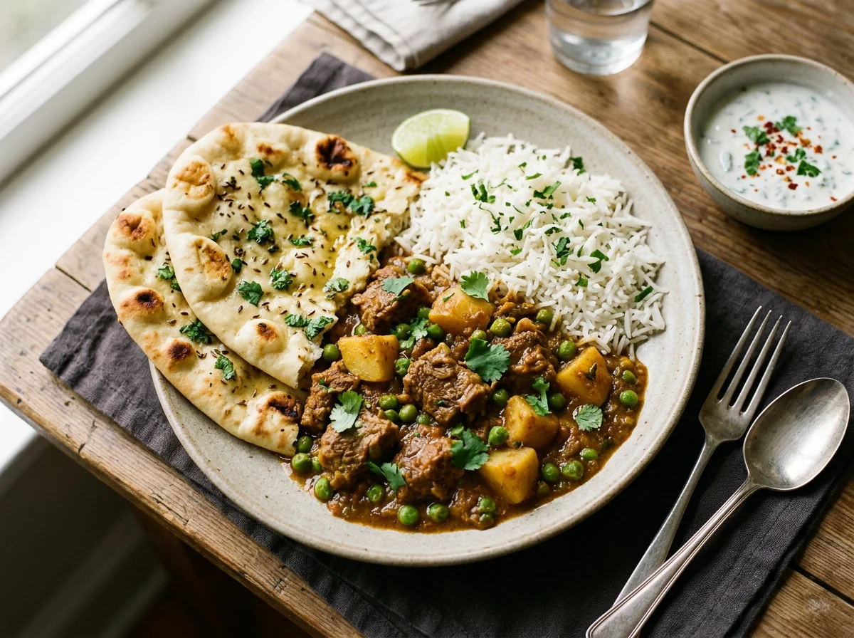 Lamb or Beef Curry with Rice and Flatbread photo
