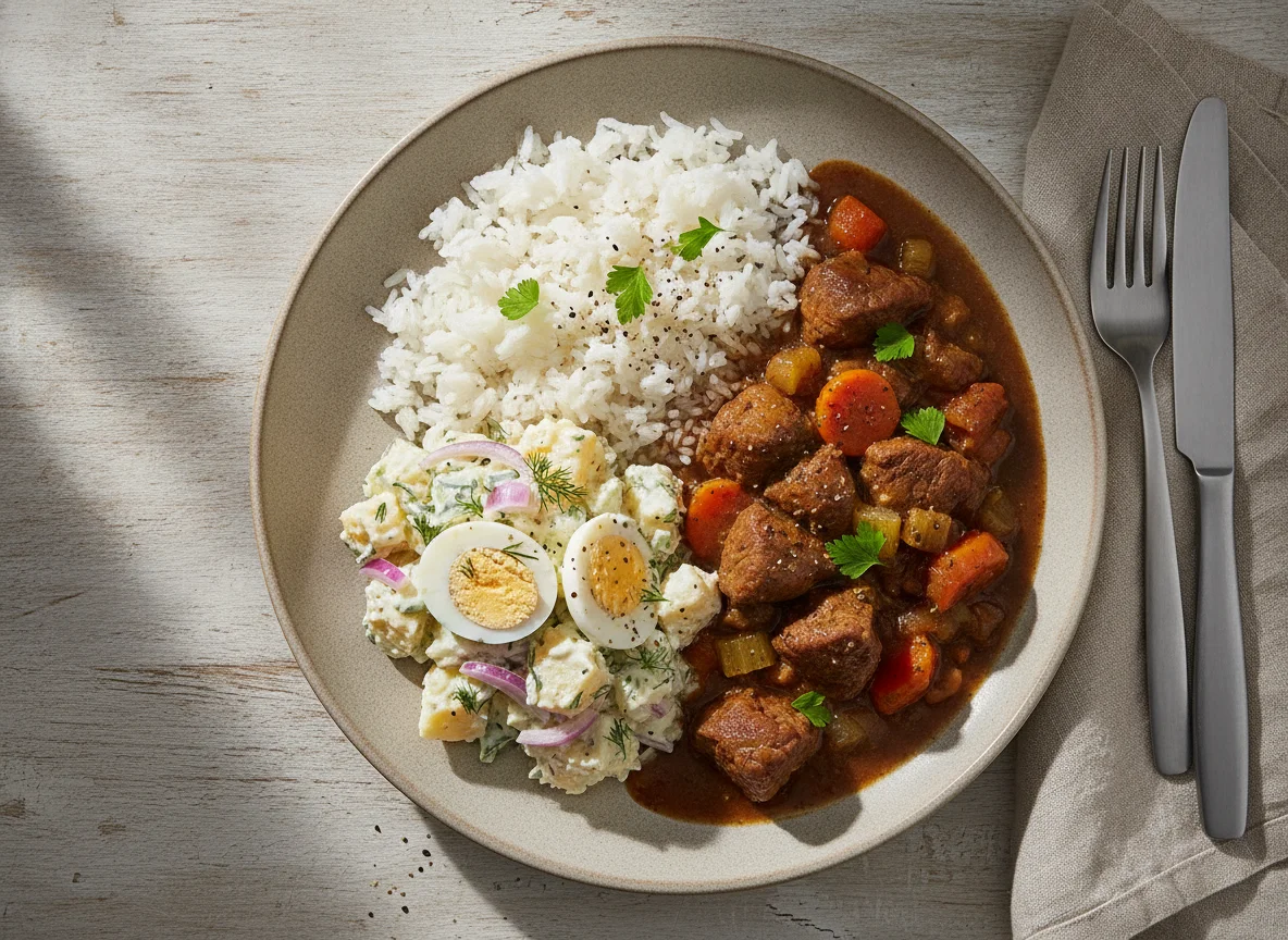 Lamb Stew with Rice and Potato Salad photo