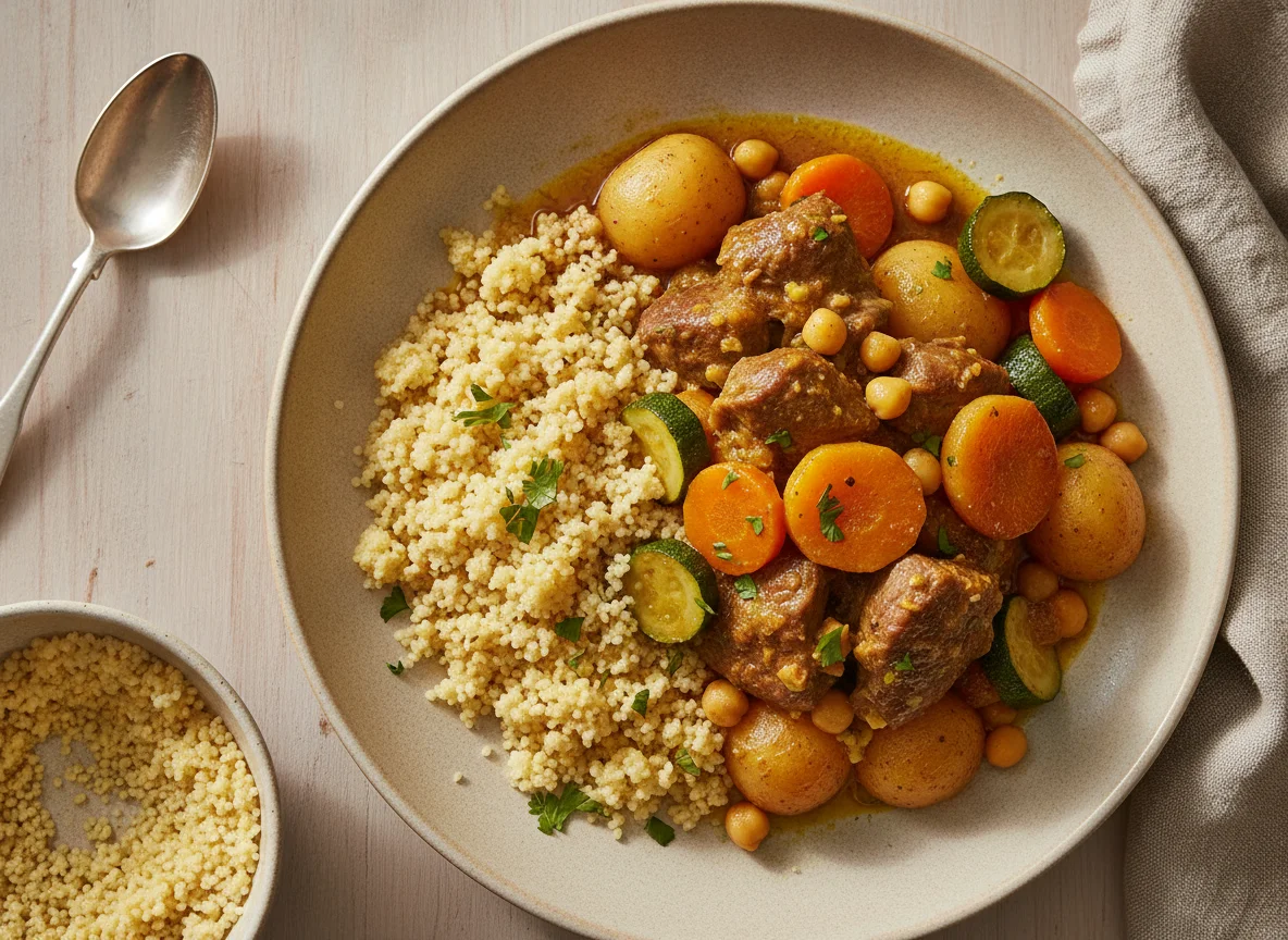 Lamb tagine with couscous and vegetables photo