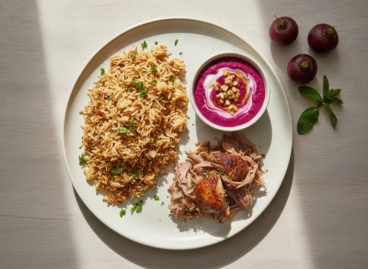 Lamb with Vermicelli Rice and Beetroot Dip photo