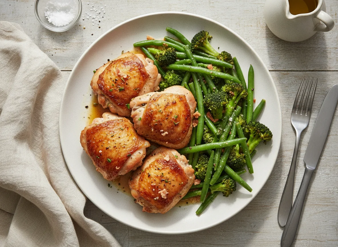 Lard Seasoned Chicken Thigh with Broccoli and Green Beans photo